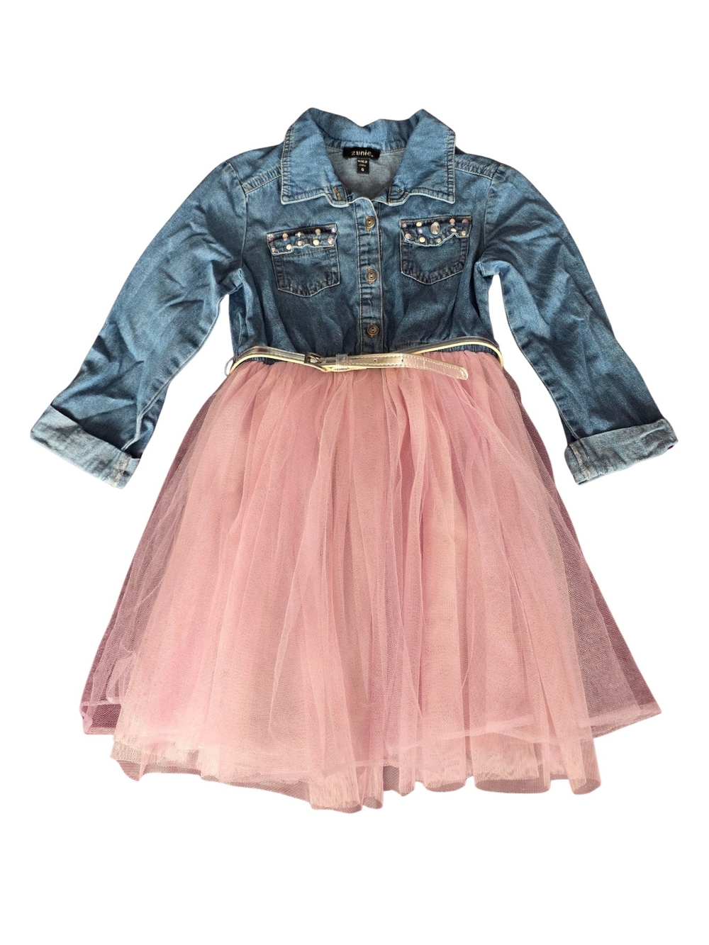 Zunie Denim Jacket Dress with Pink Tulle Skirt and Silver Belt